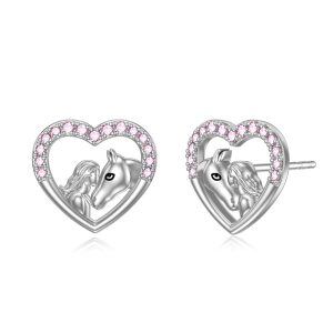 Sterling Silver Zircon Rhodium Plated Horse And Girl Earrings-0