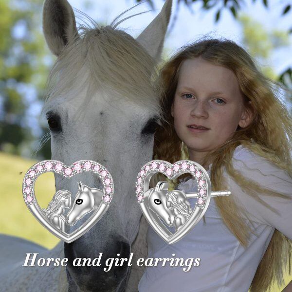 Sterling Silver Zircon Rhodium Plated Horse And Girl Earrings-1