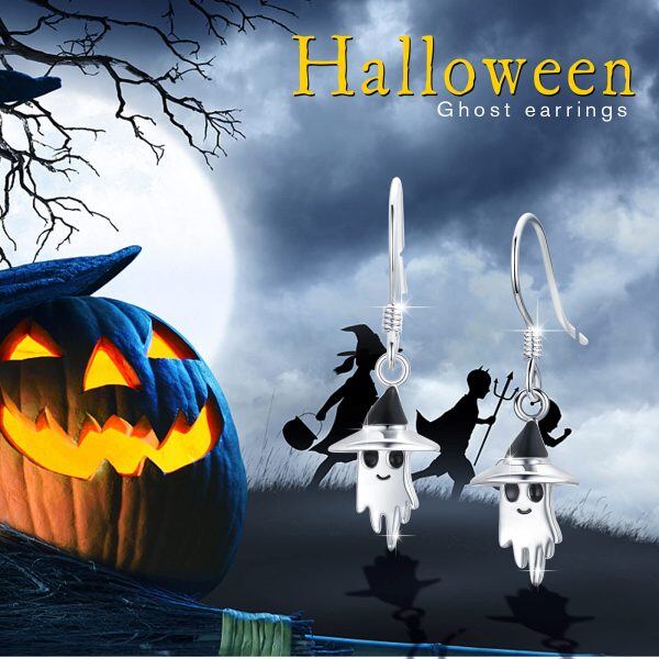 Sterling Silver Rhodium Plated Halloween Ghost Earrings-1