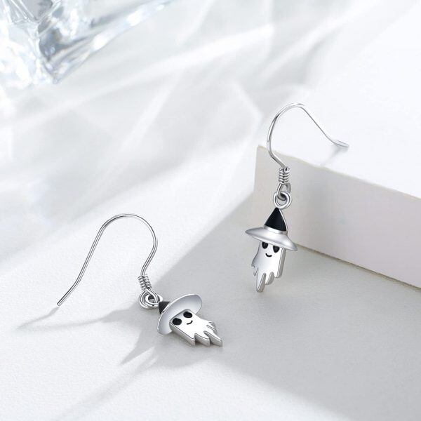 Sterling Silver Rhodium Plated Halloween Ghost Earrings-2