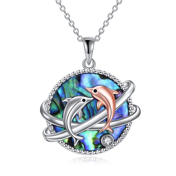 Sterling Silver Abalone Shell Zircon Dolphin Necklace-0