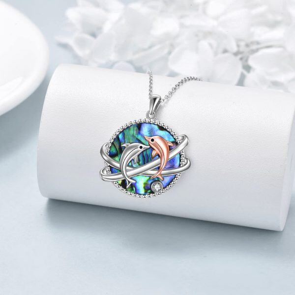 Sterling Silver Abalone Shell Zircon Dolphin Necklace-1