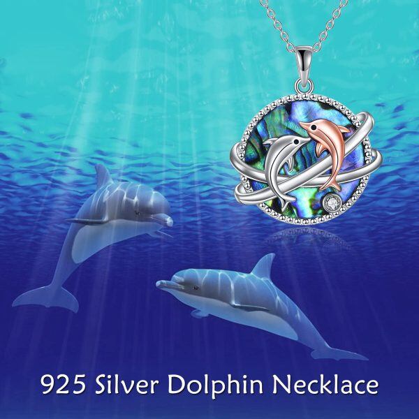 Sterling Silver Abalone Shell Zircon Dolphin Necklace-4