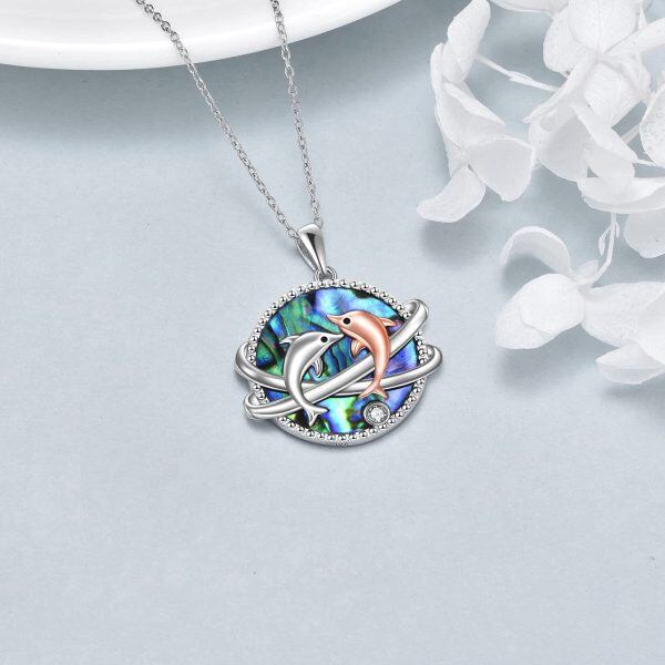 Sterling Silver Abalone Shell Zircon Dolphin Necklace-5