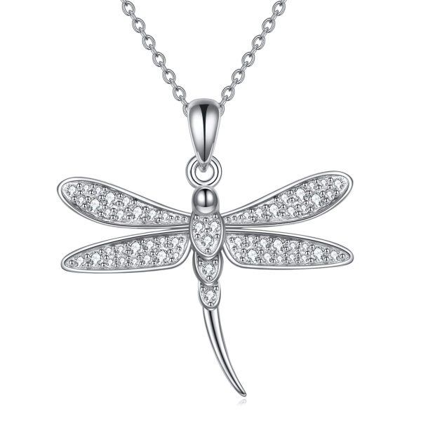 Sterling Silver Zircon Rhodium Plated Dragonfly Necklace-0