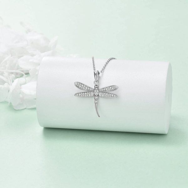 Sterling Silver Zircon Rhodium Plated Dragonfly Necklace-1