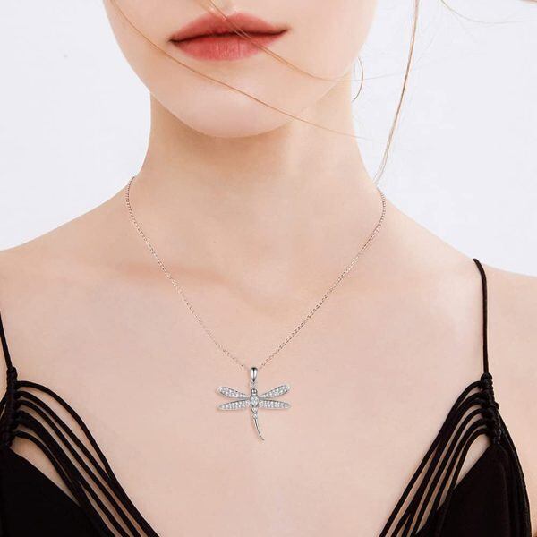 Sterling Silver Zircon Rhodium Plated Dragonfly Necklace-3