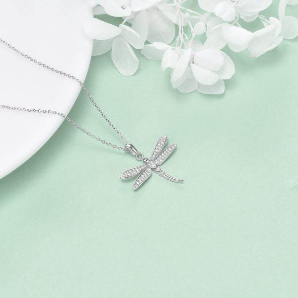 Sterling Silver Zircon Rhodium Plated Dragonfly Necklace-4