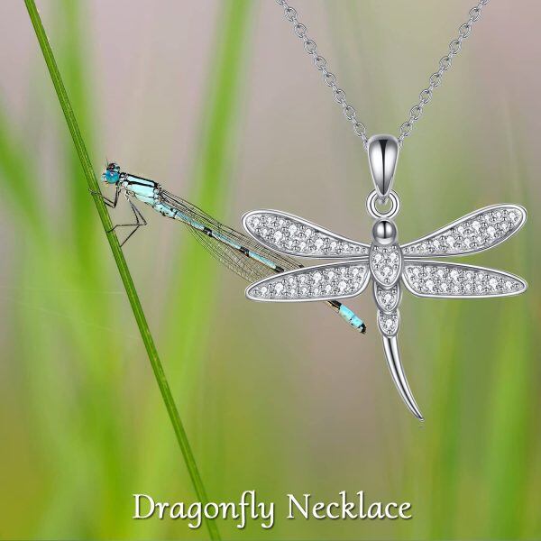 Sterling Silver Zircon Rhodium Plated Dragonfly Necklace-5