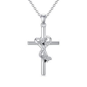 Sterling Silver Zircon Rhodium Plated Bee Cross Necklace-0