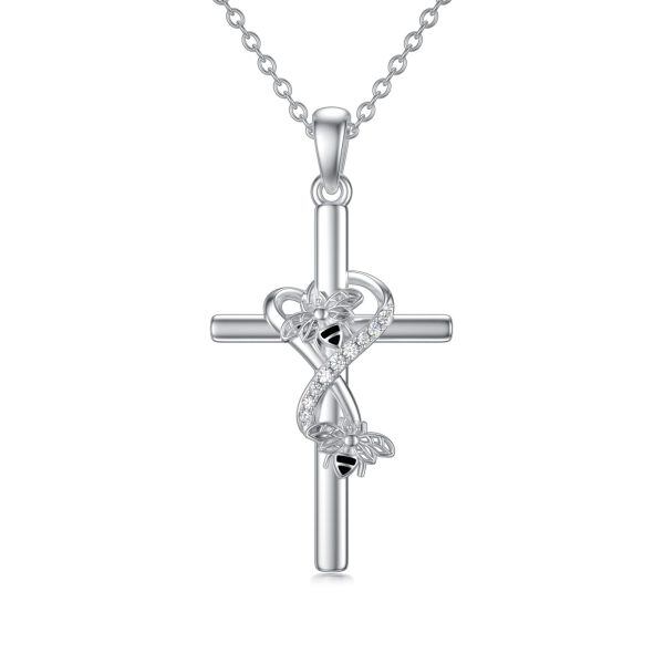 Sterling Silver Zircon Rhodium Plated Bee Cross Necklace-0