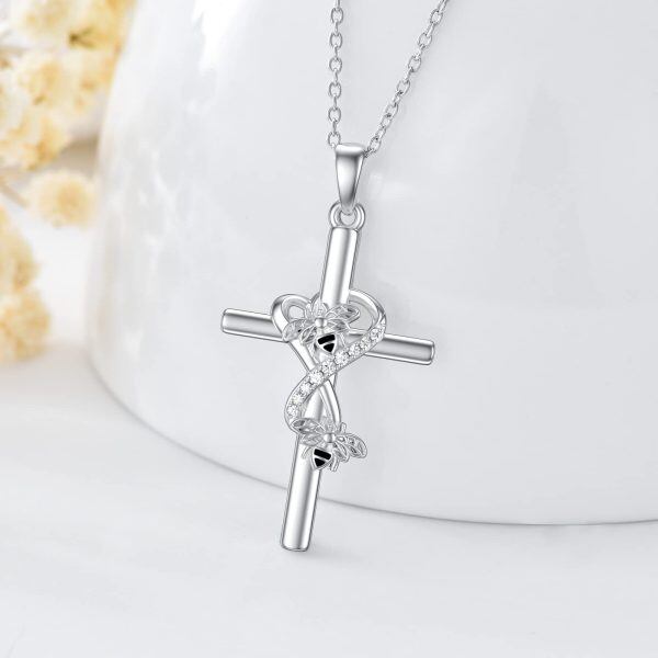 Sterling Silver Zircon Rhodium Plated Bee Cross Necklace-3