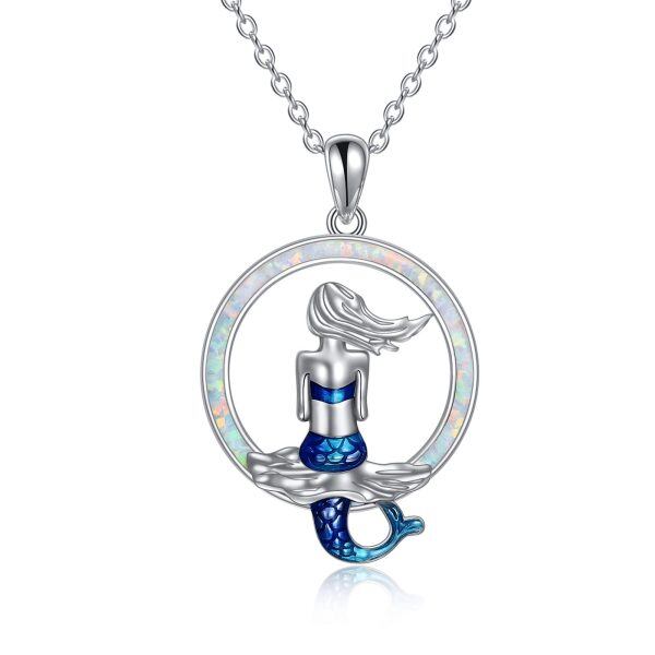 Sterling Silver Opal Rhodium Plated Mermaid Pendant Necklace-0