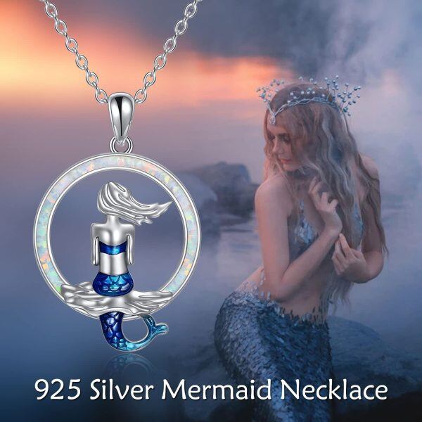 Sterling Silver Opal Rhodium Plated Mermaid Pendant Necklace-4