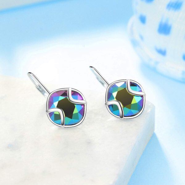 Sterling Silver Metallic Green Crystal Silver Plated Leverback Earrings-4