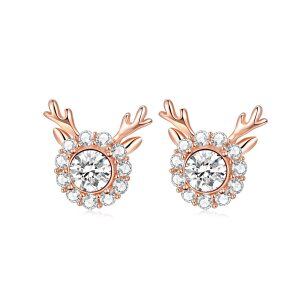 Sterling Silver Crystal Rose Gold Plated Christmas Reindeer Rudolph Earrings-0