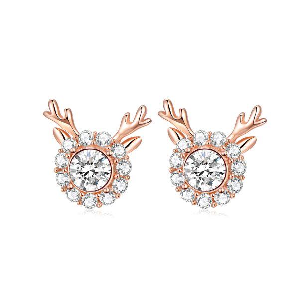 Sterling Silver Crystal Rose Gold Plated Christmas Reindeer Rudolph Earrings-0