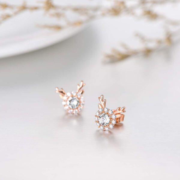 Sterling Silver Crystal Rose Gold Plated Christmas Reindeer Rudolph Earrings-1