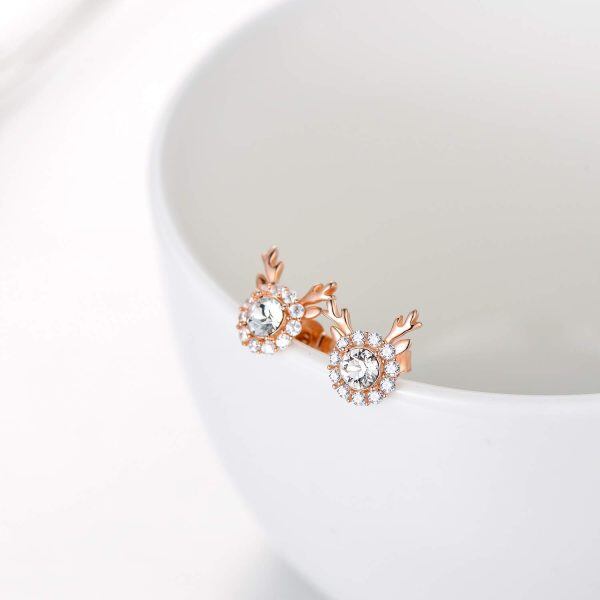 Sterling Silver Crystal Rose Gold Plated Christmas Reindeer Rudolph Earrings-2