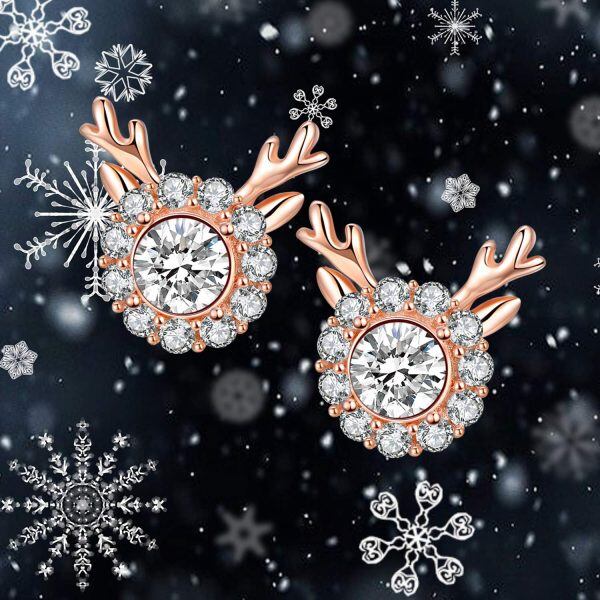 Sterling Silver Crystal Rose Gold Plated Christmas Reindeer Rudolph Earrings-5