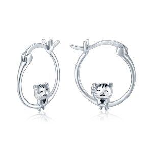 Sterling Silver Silver Plated Cat Hoop Earrings-0