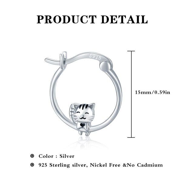 Sterling Silver Silver Plated Cat Hoop Earrings-1