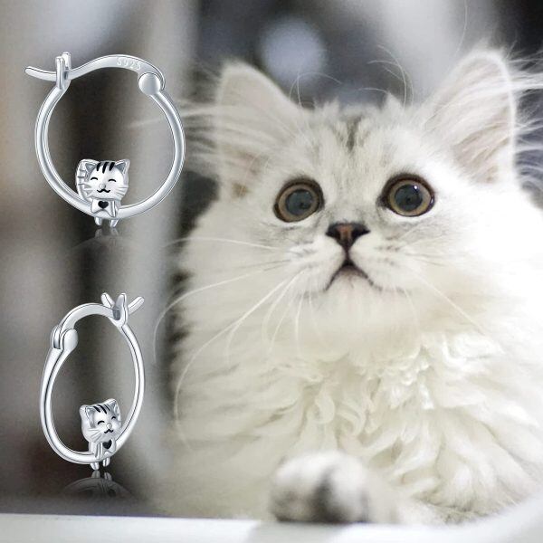 Sterling Silver Silver Plated Cat Hoop Earrings-4