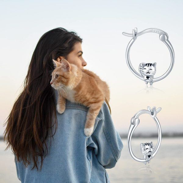 Sterling Silver Silver Plated Cat Hoop Earrings-6