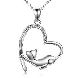 Sterling Silver Zircon Silver Plated Cat Heart Pendant Necklace-0