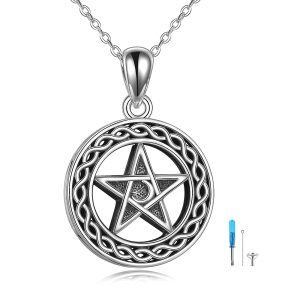 Sterling Silver Oxidized Pentagram Pentacle Wiccan Pagan Urn Necklace-0