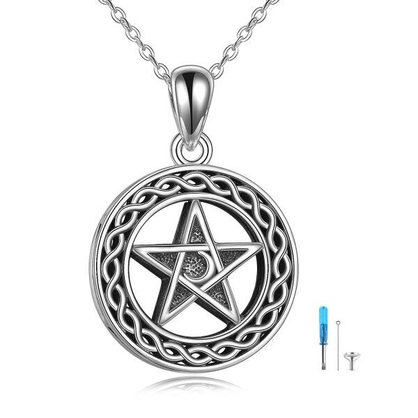 Sterling Silver Oxidized Pentagram Pentacle Wiccan Pagan Urn Necklace-0