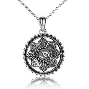 Sterling Silver Oxidized Mandala Om Lotus Pendent Necklace-0