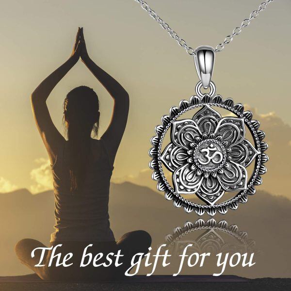 Sterling Silver Oxidized Mandala Om Lotus Pendent Necklace-1