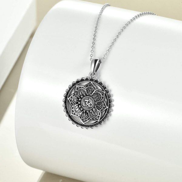 Sterling Silver Oxidized Mandala Om Lotus Pendent Necklace-4