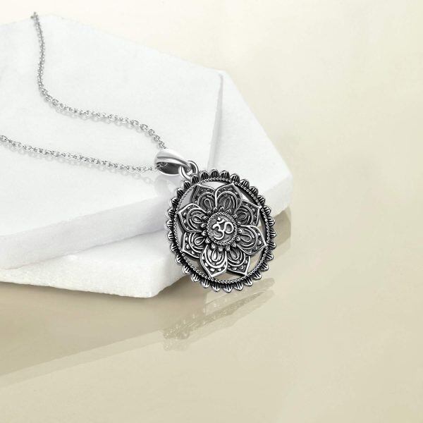 Sterling Silver Oxidized Mandala Om Lotus Pendent Necklace-5