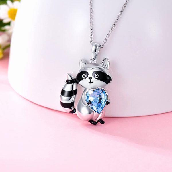 Sterling Silver Crystal Silver Plated Love Heart Raccoon Pendant Necklace-1