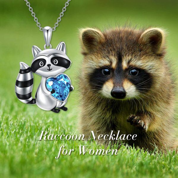 Sterling Silver Crystal Silver Plated Love Heart Raccoon Pendant Necklace-5