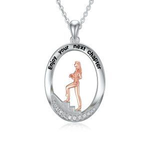 Sterling Silver Zircon Two Tone Color New Adventure Enjoy Your Chapter Pendent Necklace-0