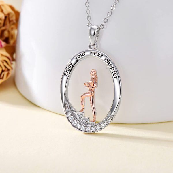 Sterling Silver Zircon Two Tone Color New Adventure Enjoy Your Chapter Pendent Necklace-1