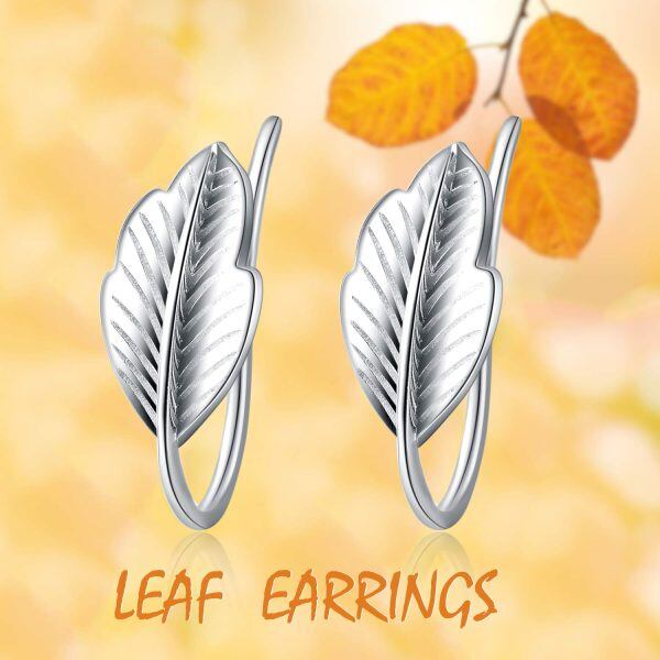 Sterling Silver Silver Plated Leaf Ear Climber Earrings-4