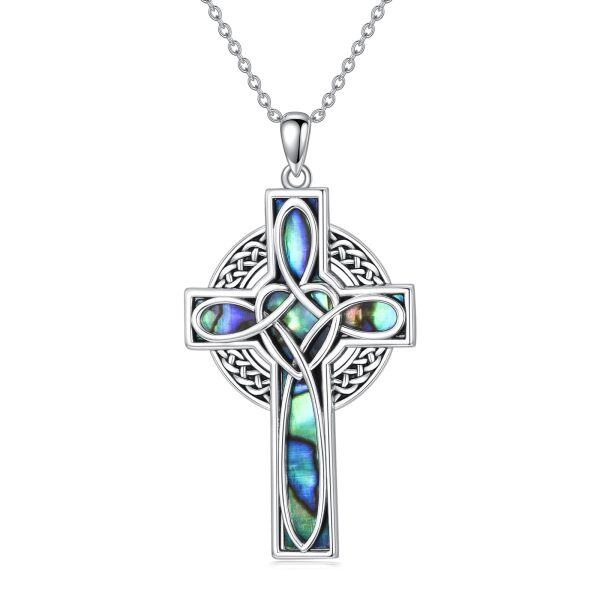 Sterling Silver Abalone Shell Rhodium Plated Celtic Cross Necklace-0