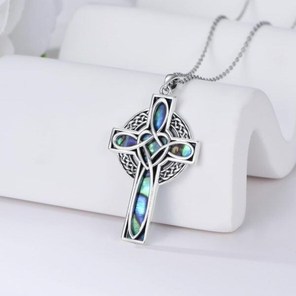 Sterling Silver Abalone Shell Rhodium Plated Celtic Cross Necklace-3