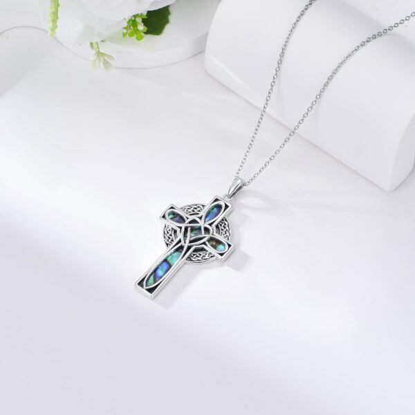 Sterling Silver Abalone Shell Rhodium Plated Celtic Cross Necklace-4