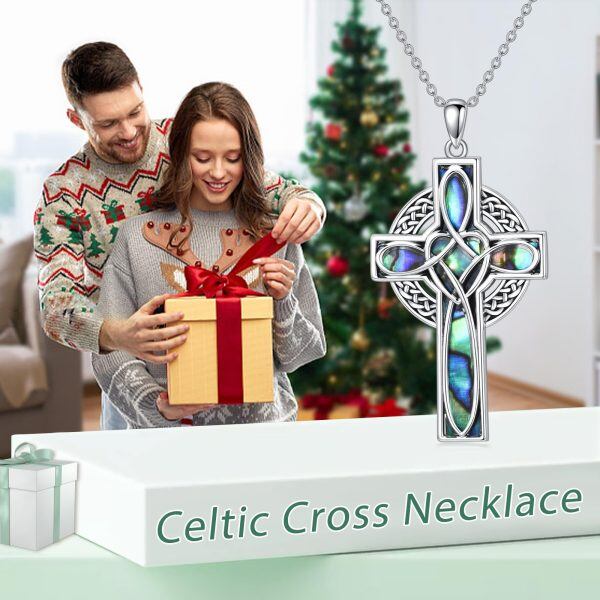 Sterling Silver Abalone Shell Rhodium Plated Celtic Cross Necklace-5