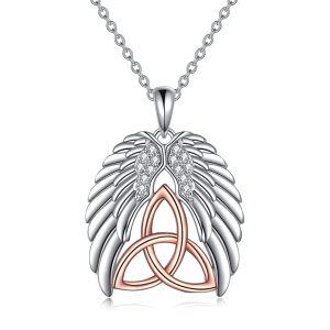 Sterling Silver Zircon Rhodium And Rose Gold Plated Angel Wings Necklace-0