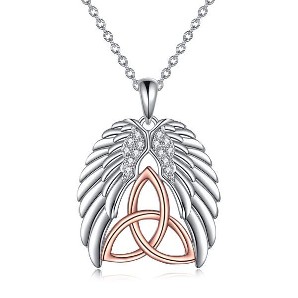 Sterling Silver Zircon Rhodium And Rose Gold Plated Angel Wings Necklace-0