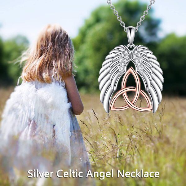 Sterling Silver Zircon Rhodium And Rose Gold Plated Angel Wings Necklace-3