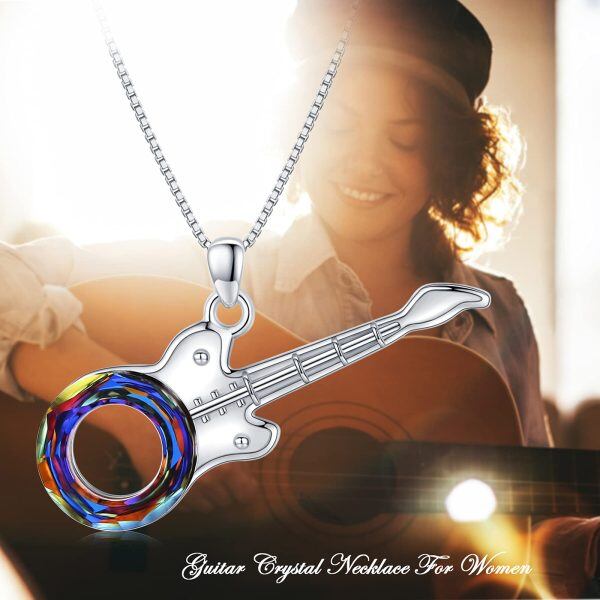 Sterling Silver Crystal Rhodium Plated Guitar Necklace-5