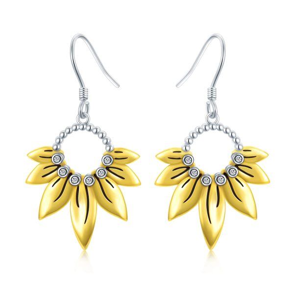 Sterling Silver Zircon Two Tone Color You Are My Sunshine Sunflower Dangle Drop Earrings-0