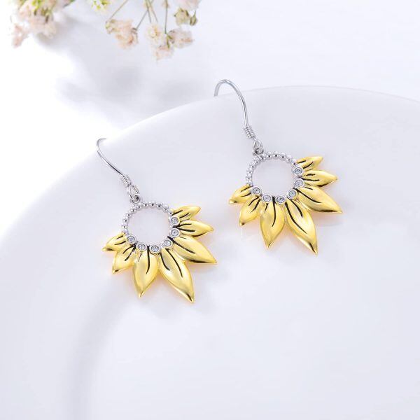 Sterling Silver Zircon Two Tone Color You Are My Sunshine Sunflower Dangle Drop Earrings-1